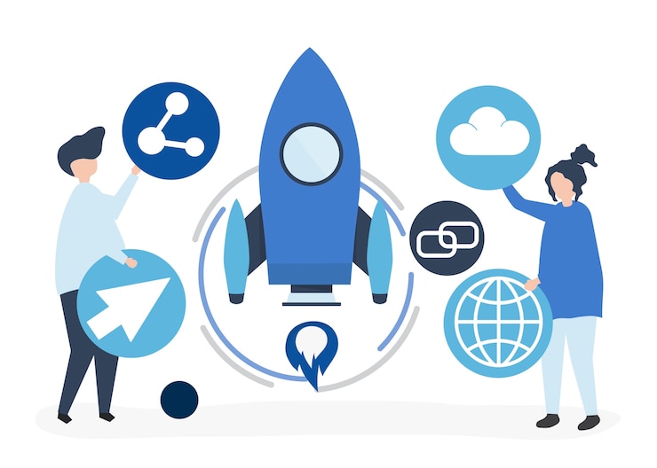 Free Vector two people holding startup technology icons illustration