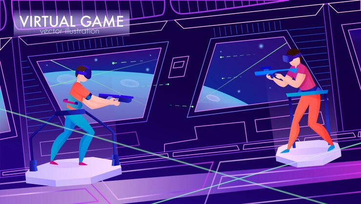 Free Vector two people playing game in virtual reality glasses horizontal cartoon 