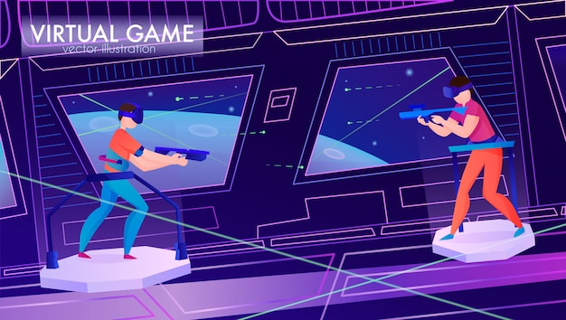 Two people playing game in virtual reality glasses horizontal cartoon 
