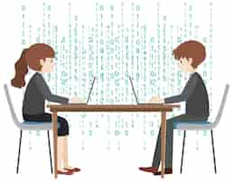 Free vector two people using laptop with binary code background