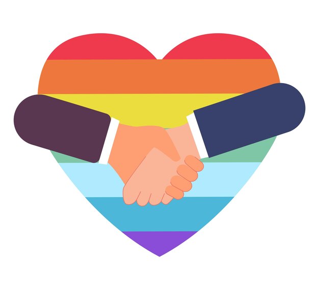 Two persons holding hands in front of rainbow heart