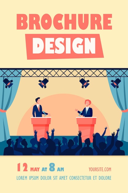 Free vector two politicians taking part in political debates in front of audience isolated flyer template