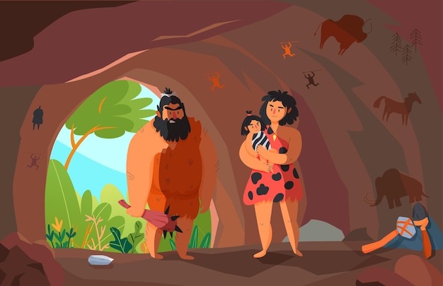 Two primitive people with child in cave cartoon