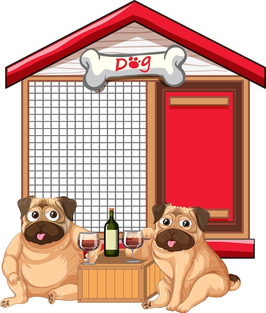 Two pugs drinking wine by the doghouse