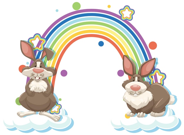 Free vector two rabbits cartoon character with rainbow