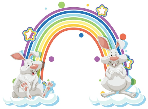 Free vector two rabbits cartoon character with rainbow