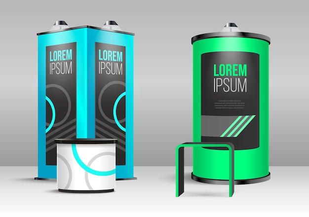 Free vector two realistic exhibition stand templates in bright blue and green colors with glowing lamps vector illustration