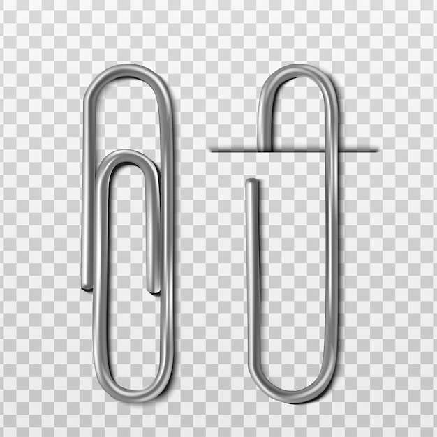 Two realistic metal paper clips with and without paper