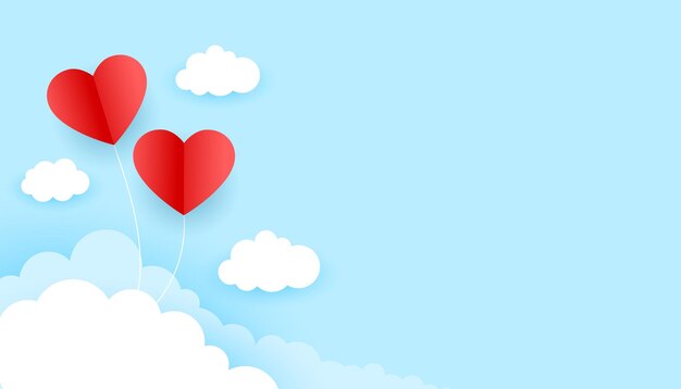 Two red hearts in the sky valentines day background in paper style