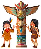 two red indians and totem pole