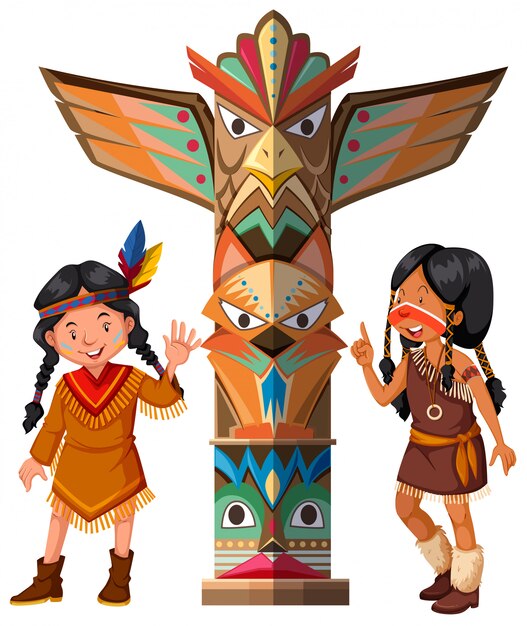 Two Red indians and totem pole