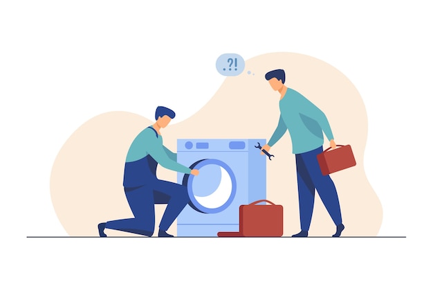 Two repairmen fixing washing machine. handymen, mentor and intern with tools flat illustration