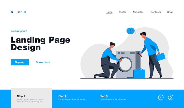 Two repairmen fixing washing machine landing page template