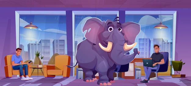 Two sad men sitting in office elefant in middle of room on rainy day vector cartoon illustration of upset male friends in conflict using gadgets concept of ignoring problem relationship crisis