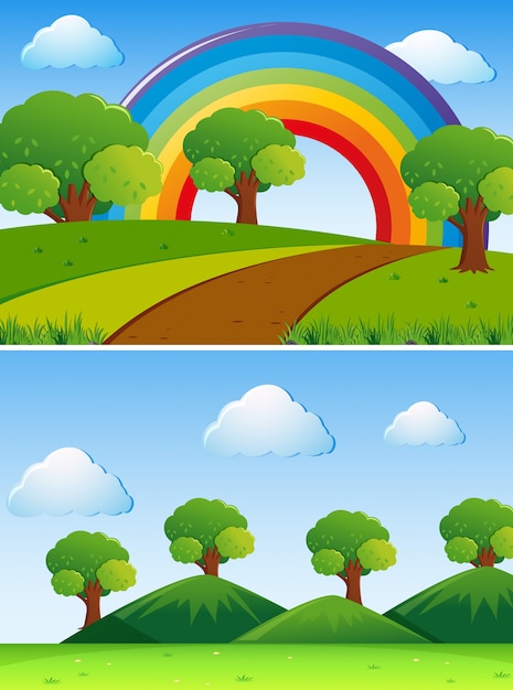 Free vector two scenes with green trees in the field