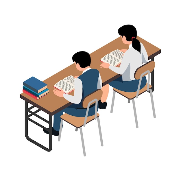 Two school pupils reading book at desk isometric illustration on white