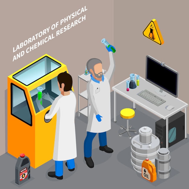 Free vector two scientists researching oil in chemical laboratory 3d isometric vector illustration