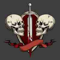 Free vector two skulls with sword and ribbon. template for tattoo and labels.