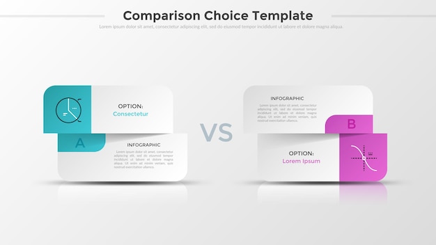 Two split paper white cards with linear symbols and place for text or description. concept of comparison or choice between 2 options. realistic infographic design layout. vector illustration.