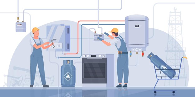 Two technicians fixing domestic gas appliances and installing tank flat vector illustration