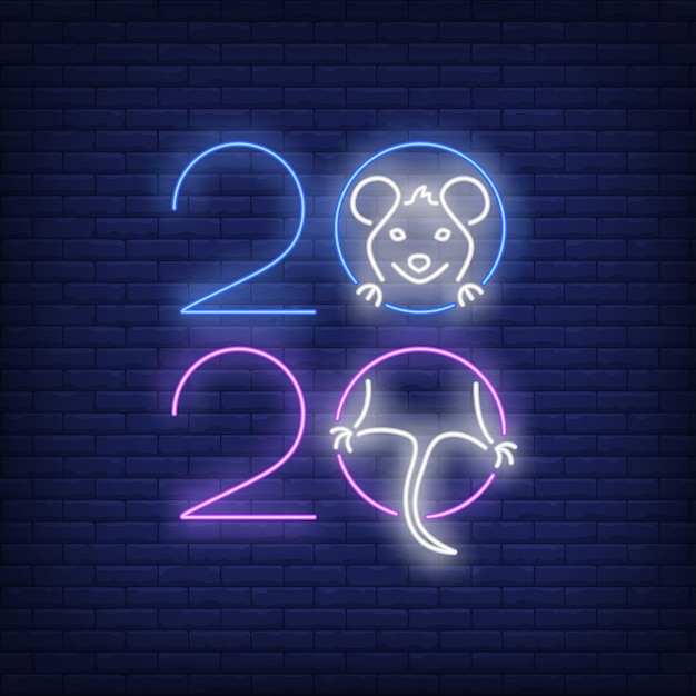 Free vector two thousand twenty neon sign with joyful rat