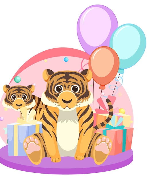 Два тигра с подарочными коробками и воздушными шарами