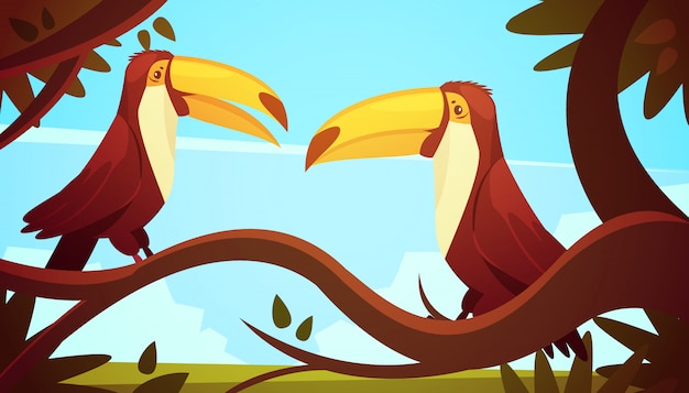 Two toucan birds sitting on large tree branch with blue sky background poster retro cartoon style