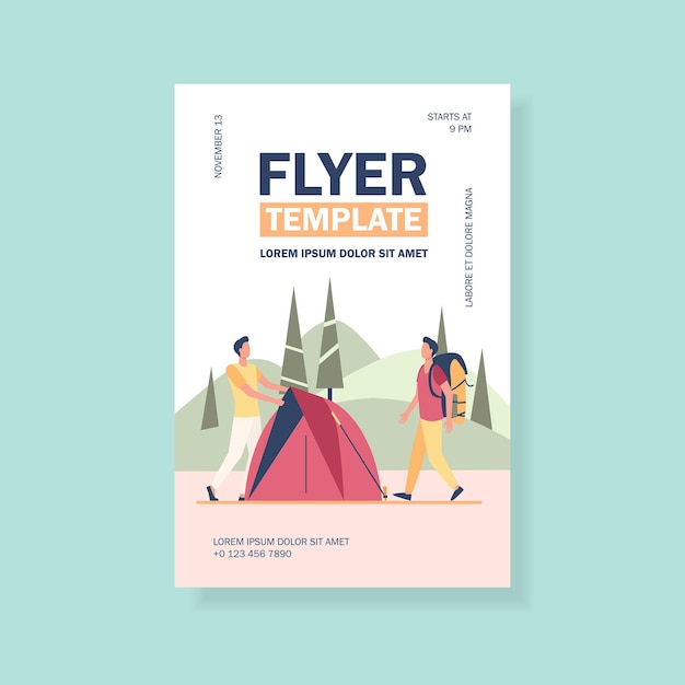 Two tourists pitching tent on meadow flyer template