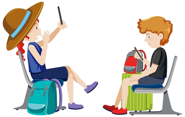Free vector two travellers sitting and using mobile phone