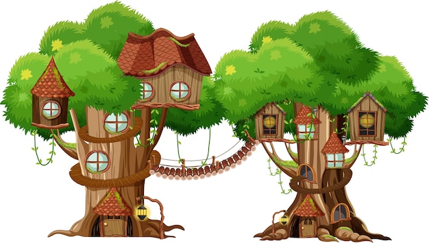 Free vector two treehouses with rope bridge