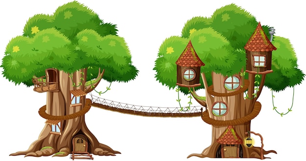 Two treehouses with rope bridge