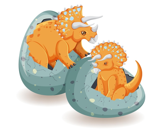 卵から孵化する2つのトリケラトプス