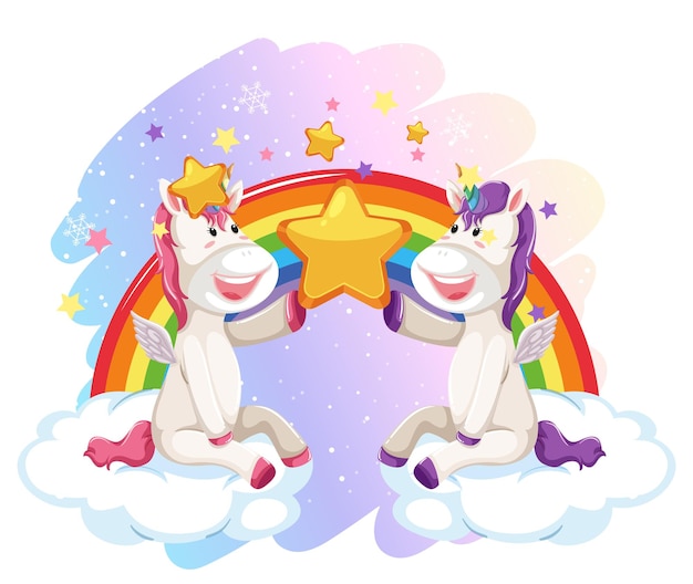 Due unicorni seduti su nuvole con arcobaleno