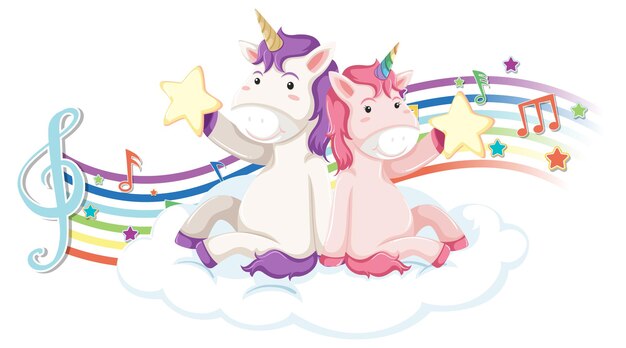 Two unicorns with melody symbols on rainbow