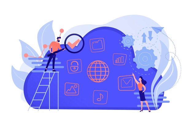 Два пользователя ищут большие данные в облаке. Вычислительная технология хранения, большая база данных, анализ данных, концепция цифровой информации. Изолированная иллюстрация вектора.