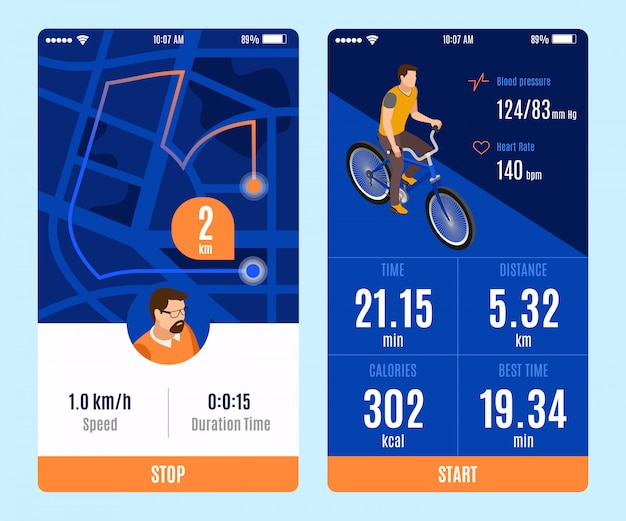 Due varianti di progettazione di app mobili per il giro in bicicletta con pulsanti di arresto di avvio e durata isometrica calorie velocità parametri illustrazione vettoriale isometrica