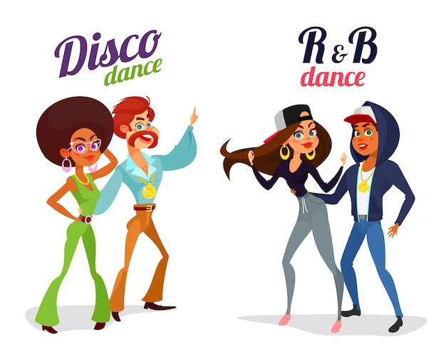 Free vector two vector cartoon couples dancing dance in disco style and rhythm and blues