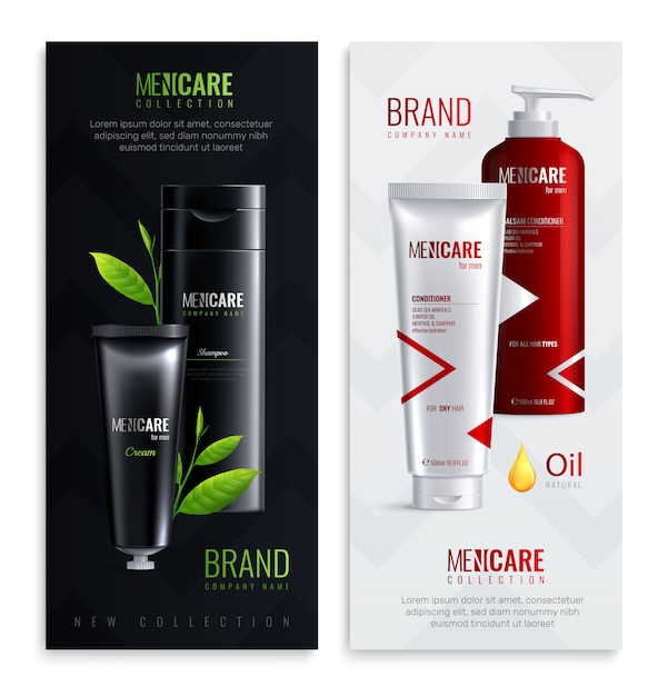 Free vector two vertical mens cosmetics bottles realistic banner set with mencare collection headline vector illustration