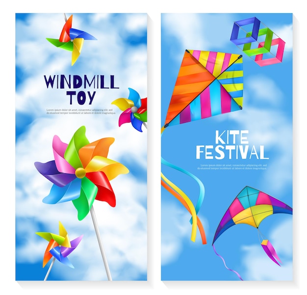 Two vertical and realistic kite wind mill toy banner set with two different flying games