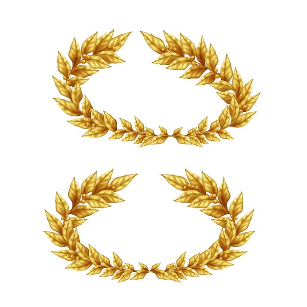 Two vintage golden laurel wreaths isolated on white background in realistic style illustration