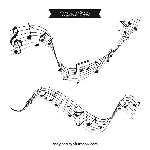 Two wavy staves with musical notes in flat design