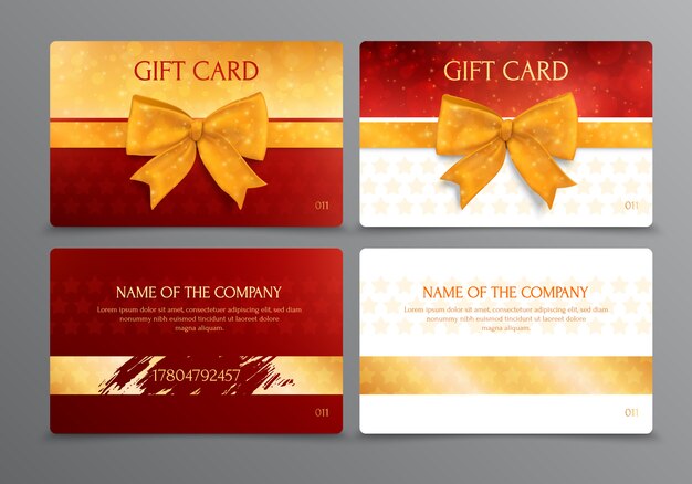 Two way design of discount scratch gift card with place for company name in gold and red colors isolated 