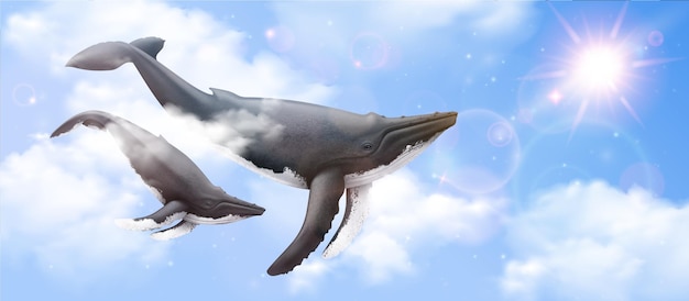 Two whales flying in clouds against sunny blue sky background realistic composition vector illustration