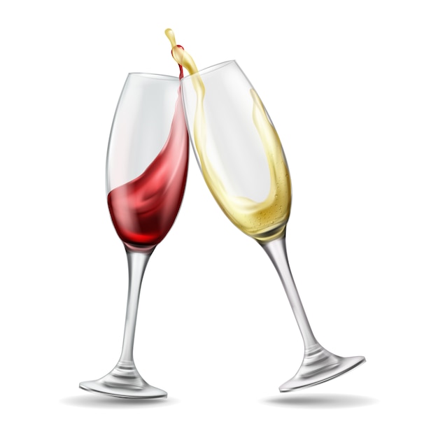 Two wine glasses with splash of red and white wine, celebratory toast, realistic illustration