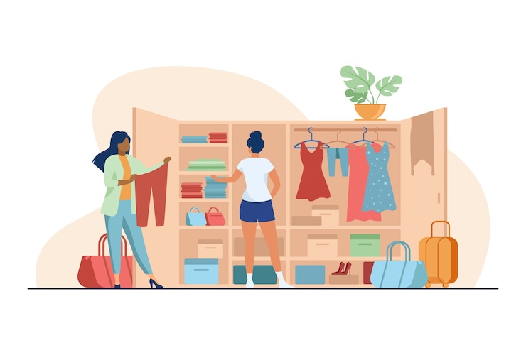 Free Vector two women choosing clothes for travel from wardrobe. apparel, dress, baggage flat vector illustration. fashion and vacation concept