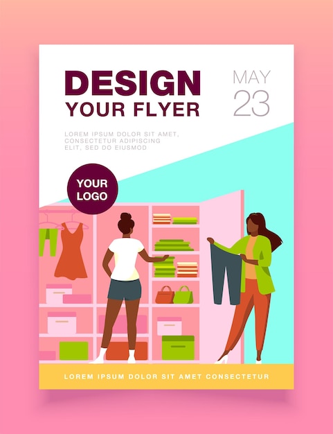 Two women choosing clothes for travel from wardrobe flyer template