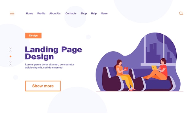 Two women relaxing at home landing page template