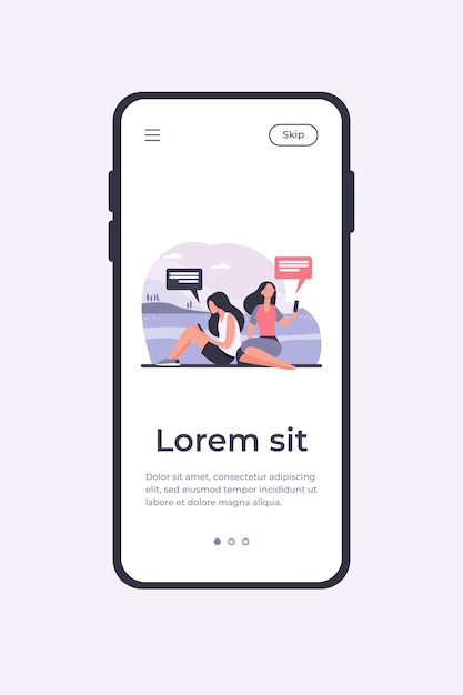 Due donne che si rilassano sulla natura e utilizzano gli smartphone. natura, social media, messaggio piatto illustrazione vettoriale. modello di app mobile concetto di tecnologia digitale e stile di vita