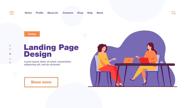 Free vector two women sitting in cafe with laptops landing page template