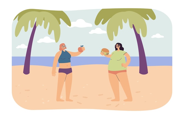 Due donne con diete e figure diverse sulla spiaggia. ragazza magra che mangia mela, femmina grassa con illustrazione vettoriale piatta dell'hamburger. confronto, cibo, concetto di stile di vita per banner o pagina web di destinazione